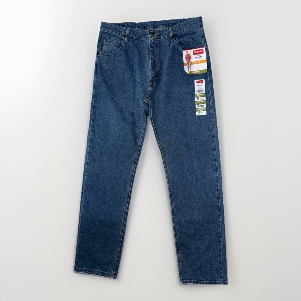 NWT Wrangler Five Star Flex Jeans 36x34 Mens Regular Fit Blue Denim Medium Wash